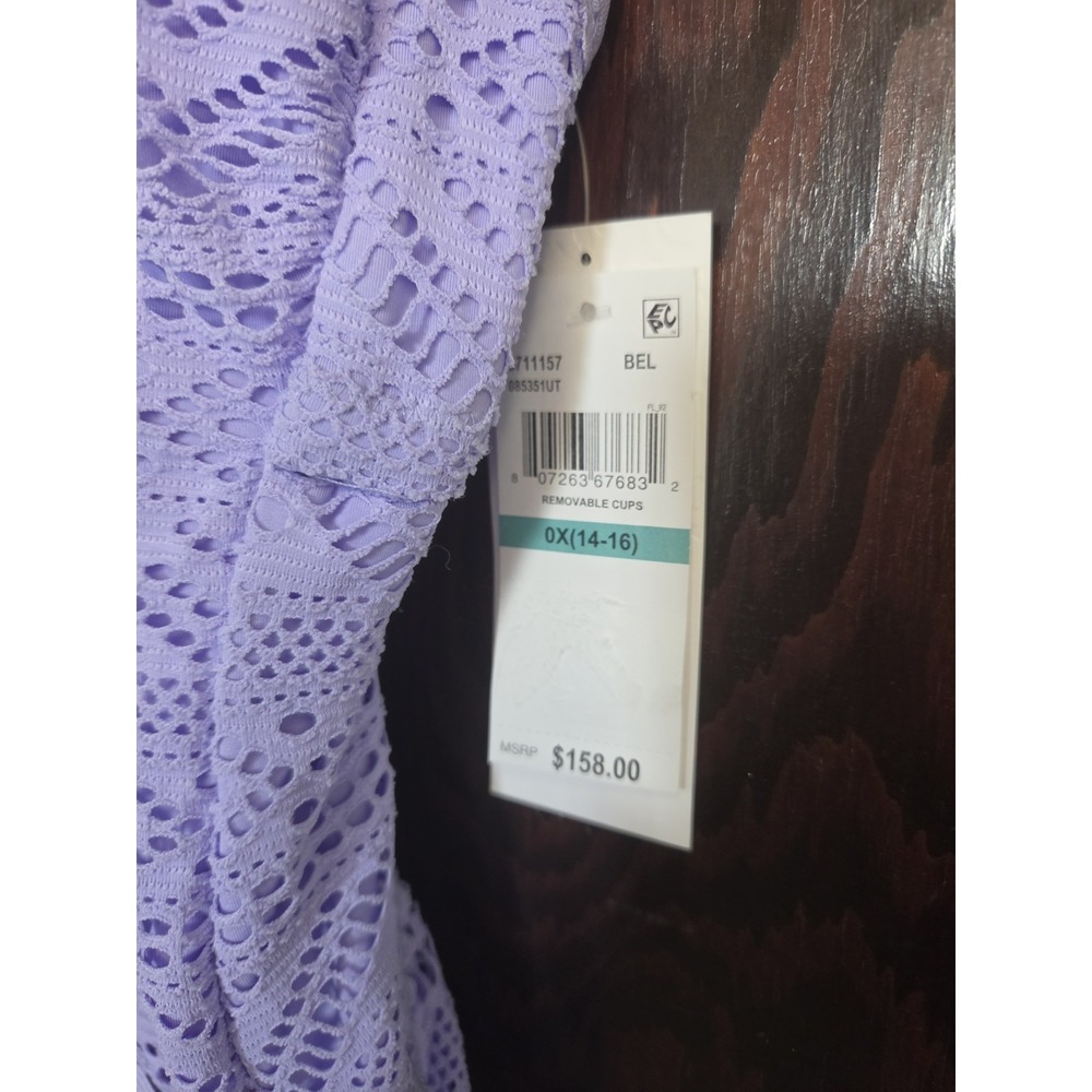 BECCA Color Play Crochet Plunge One Piece Swimsuit Size 14 16 OX Purple NWT - Picture 5 of 16
